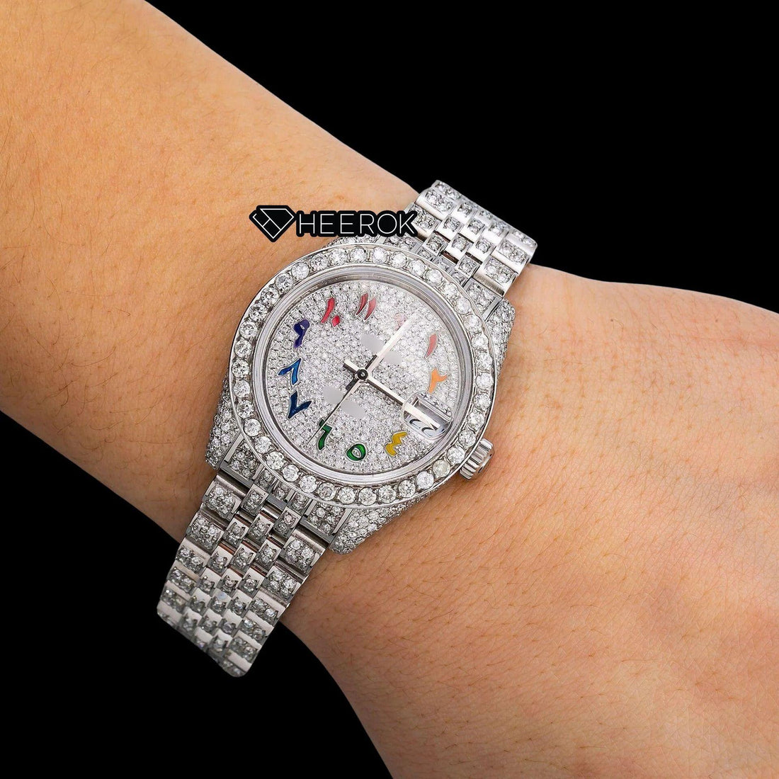 Rolex Datejust Diamond Paved Dial Multicolor Arabic Numerals Diamond Bezel Moissanite Diamond Jubilee Bracelet For Women Front View