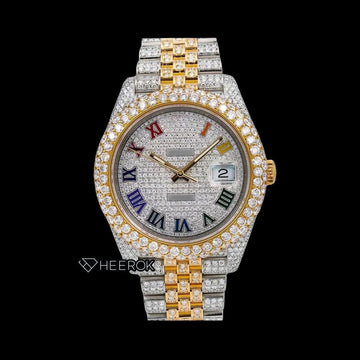 Rolex Datejust Diamond Paved Dial Multicolor Roman Numerals Diamond Bezel Two Tone Yellow Gold Bust Down Moissanite Diamond Jubilee Bracelet Front View