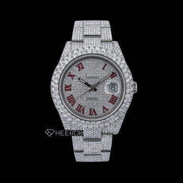 Rolex Datejust Diamond Paved Dial Pink Roman Numerals Diamond Bezel Fully Iced Moissanite Diamond Oyster Bracelet Watch Front View