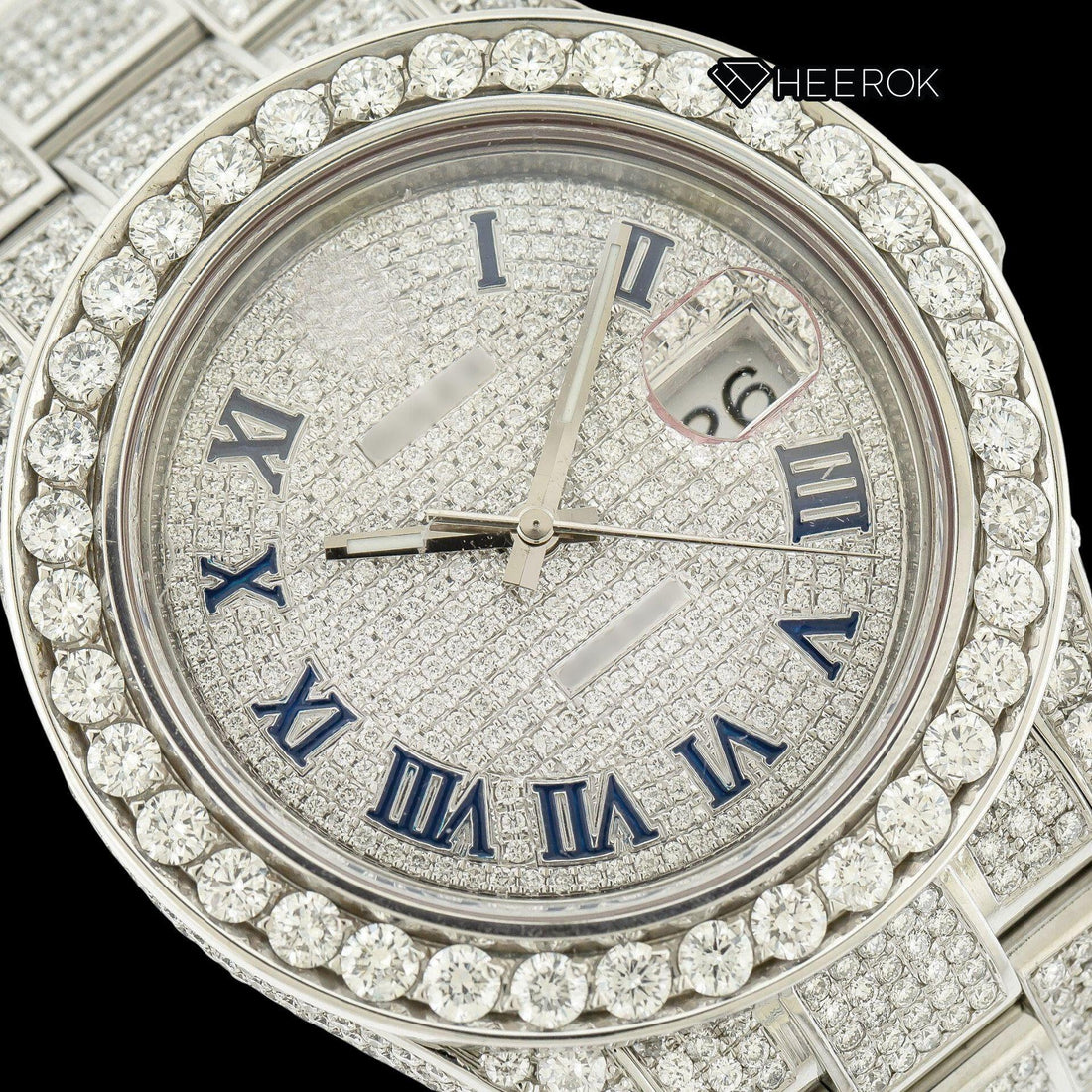 Rolex Datejust Diamond Paved Dial Roman Numerals Diamond Bezel Fully Iced Out Moissanite Diamond Oyster Bracelet Watch Front View