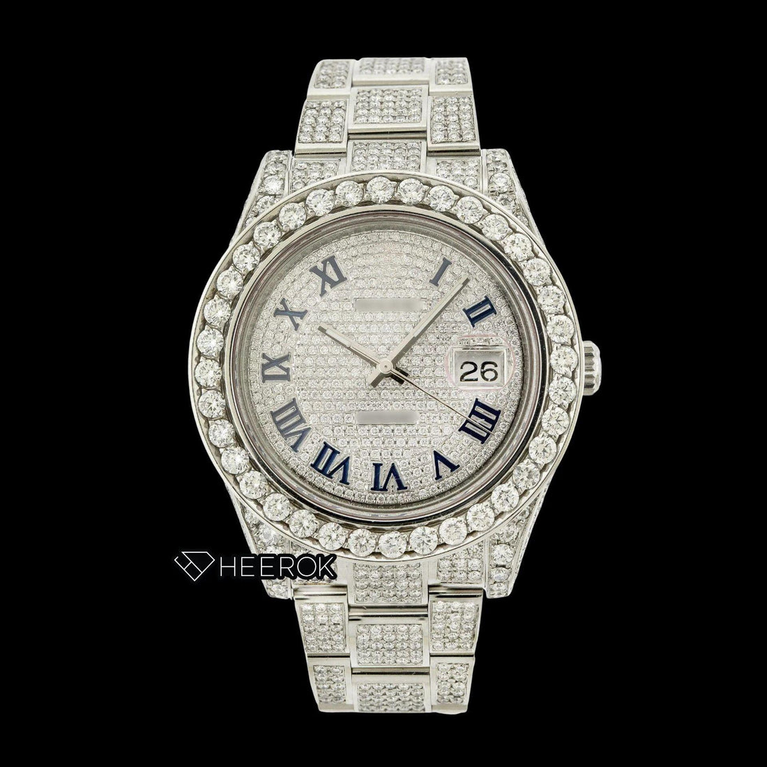 Rolex Datejust Diamond Paved Dial Roman Numerals Diamond Bezel Fully Iced Out Moissanite Diamond Oyster Bracelet Watch Front View