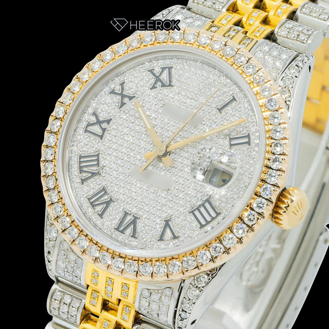 Rolex Datejust Diamond Paved Dial Roman Numerals Diamond Bezel Two Tone Yellow Gold Fully Iced Moissanite Diamond Jubilee Bracelet For Women Front View