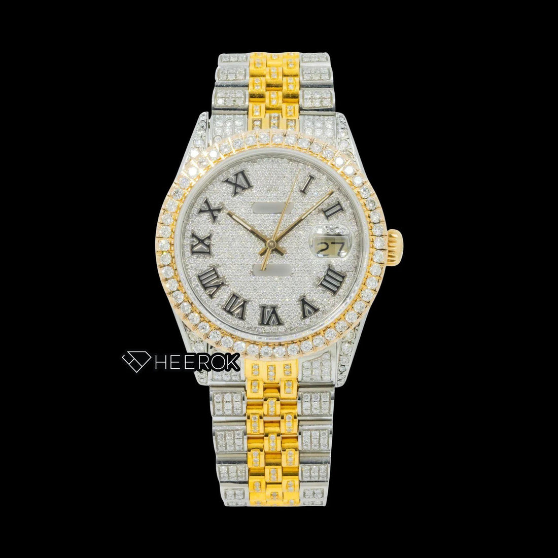 Rolex Datejust Diamond Paved Dial Roman Numerals Diamond Bezel Two Tone Yellow Gold Fully Iced Moissanite Diamond Jubilee Bracelet For Women Front View