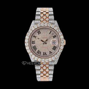 Rolex Datejust Diamond Paved Dial Roman Numerals Large Round Diamond Bezel Two Tone Rose Gold Fully Iced Moissanite Diamond Jubilee Bracelet Front View