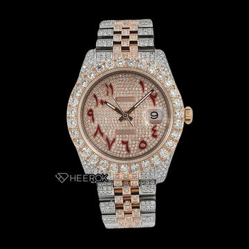 Rolex Datejust Diamond Paved Rose Gold Dial Red Arabic Numerals Diamond Bezel Two Tone Rose Gold Fully Iced Moissanite Diamond Jubilee Bracelet For Women Front View
