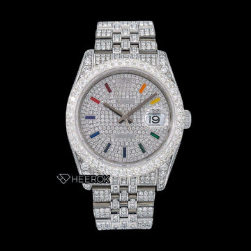 Rolex Datejust Diamond Paved White Dial Multicolor Stick Markers Diamond Bezel Fully Iced Moissanite Diamond Jubilee Bracelet For Women Front View
