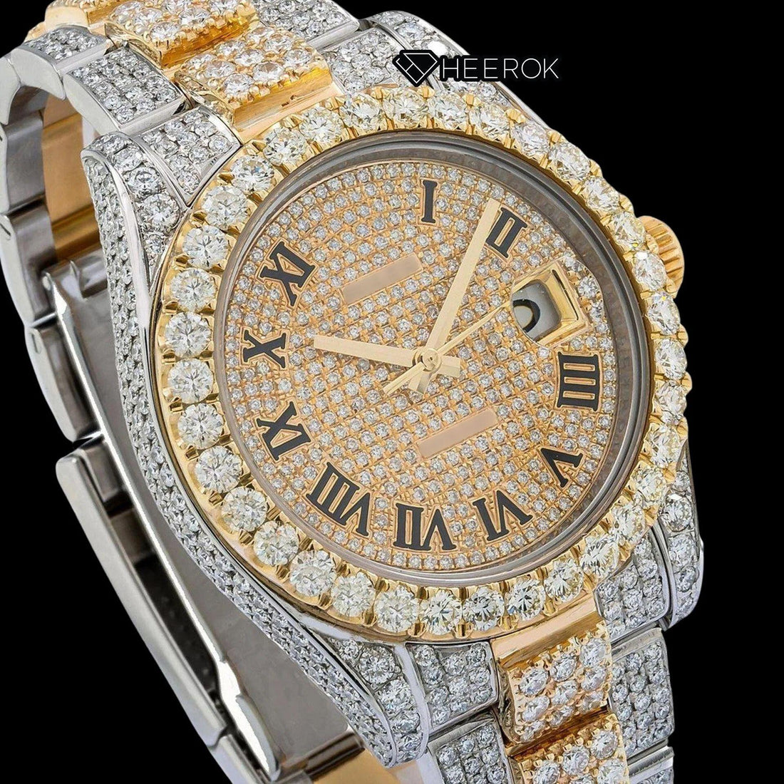 Rolex Datejust Diamond Paved Yellow Dial Roman Numerals Diamond Bezel Two Tone Yellow Gold Bust Down Moissanite Diamond Oyster Bracelet Watch Front View