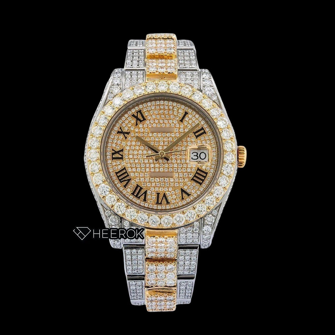 Rolex Datejust Diamond Paved Yellow Dial Roman Numerals Diamond Bezel Two Tone Yellow Gold Bust Down Moissanite Diamond Oyster Bracelet Watch Front View