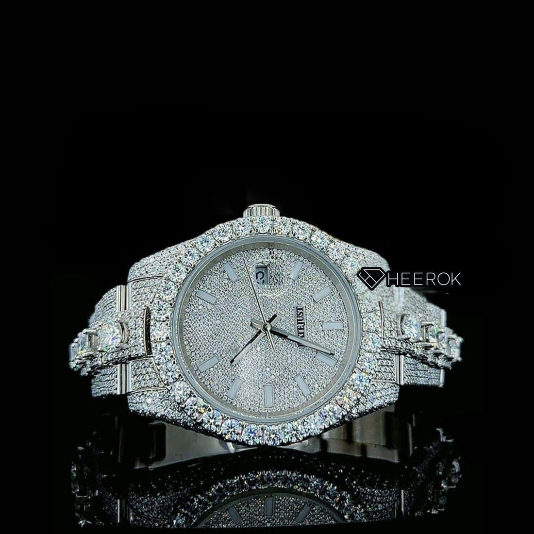 Rolex Datejust Diamond Stick Markers Dial Diamond Bezel Iced Out Moissanite Diamond Oyster Bracelet Front View