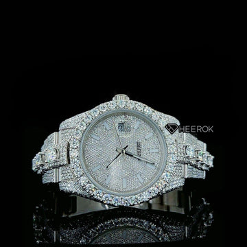 Rolex Datejust Diamond Stick Markers Dial Diamond Bezel Iced Out Moissanite Diamond Oyster Bracelet Front View