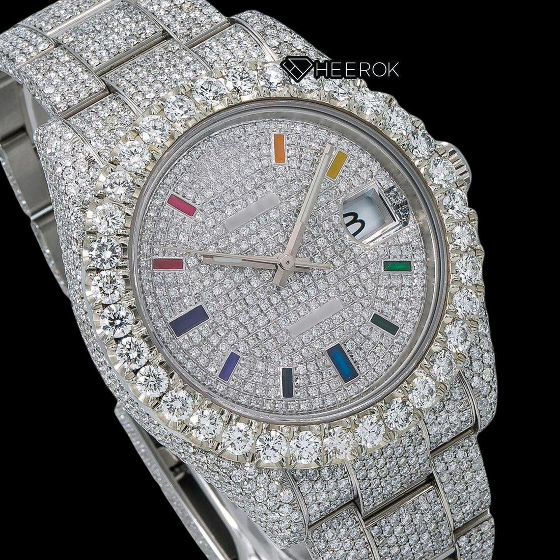 Rolex Datejust Full Diamond Paved Dial Multicolor Stick Markers Diamond Bezel Fully Iced Moissanite Diamond Oyster Bracelet Front View