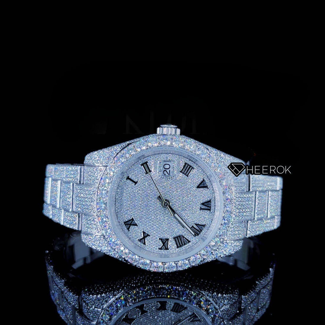 Rolex Datejust Full Pave Dial Black Roman Numerals Diamond Bezel Fully Iced Moissanite Diamond Oyster Bracelet Front View
