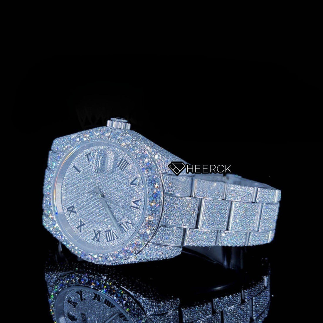 Rolex Datejust Full Pave Dial Black Roman Numerals Diamond Bezel Fully Iced Moissanite Diamond Oyster Bracelet Front View