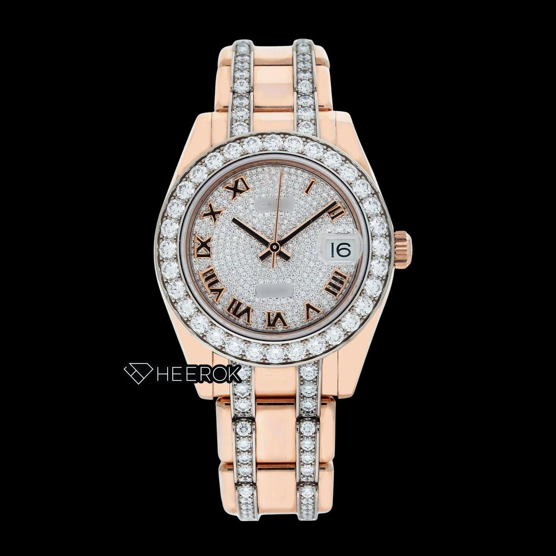 Rolex Datejust Full Pave Diamond Dial Roman Numerals Diamond Bezel Rose Gold Semi Iced Moissanite Diamond President Bracelet For Women Front View