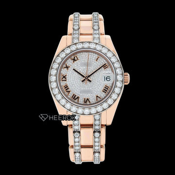 Rolex Datejust Full Pave Diamond Dial Roman Numerals Diamond Bezel Rose Gold Semi Iced Moissanite Diamond President Bracelet For Women Front View