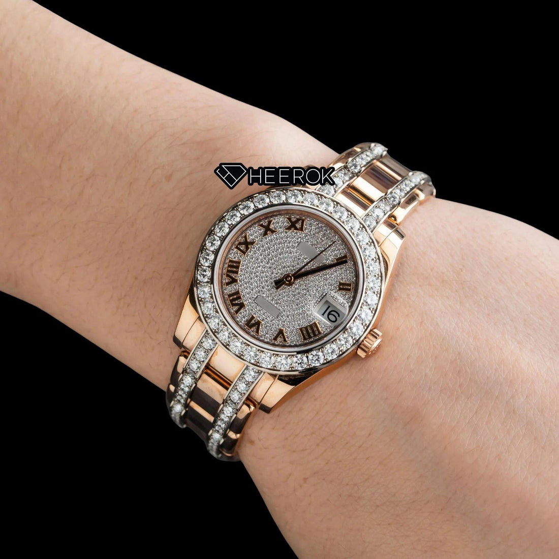 Rolex Datejust Full Pave Diamond Dial Roman Numerals Diamond Bezel Rose Gold Semi Iced Moissanite Diamond President Bracelet For Women Front View