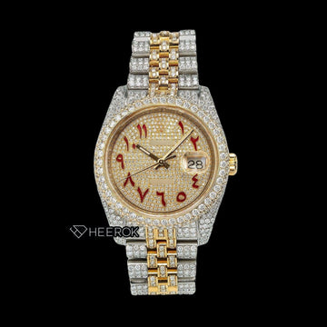 Rolex Datejust Full Pave Yellow Dial Red Arabic Numerals Diamond Bezel Two Tone Yellow Gold Moissanite Diamond Jubilee Bracelet For Women Front View