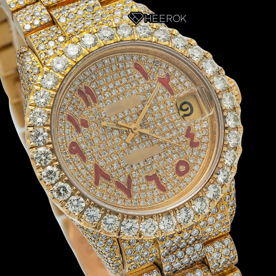 Rolex Datejust Full Pave Yellow Dial Red Arabic Numerals Diamond Bezel Yellow Gold Fully Iced Moissanite Diamond President Bracelet For Women Front View