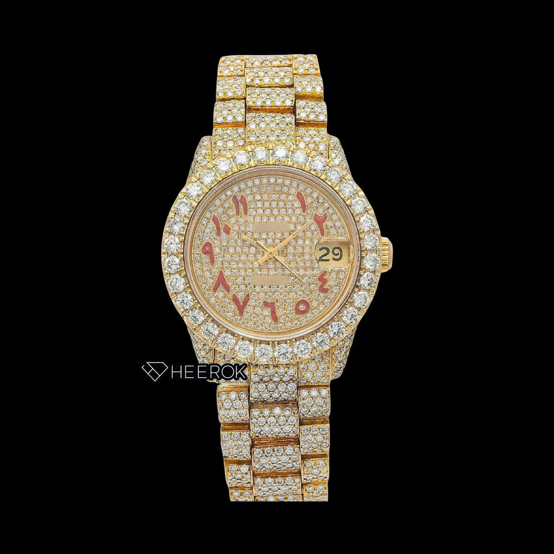 Rolex Datejust Full Pave Yellow Dial Red Arabic Numerals Diamond Bezel Yellow Gold Fully Iced Moissanite Diamond President Bracelet For Women Front View