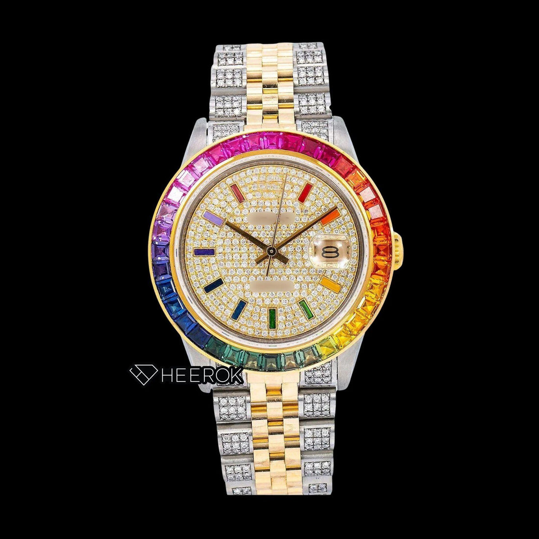 Rolex Datejust Full Paved Yellow Dial Multicolor Stick Markers Rainbow Diamond Bezel Two Tone Yellow Gold Semi Iced Moissanite Diamond Jubilee Bracelet Watch For Women Front View