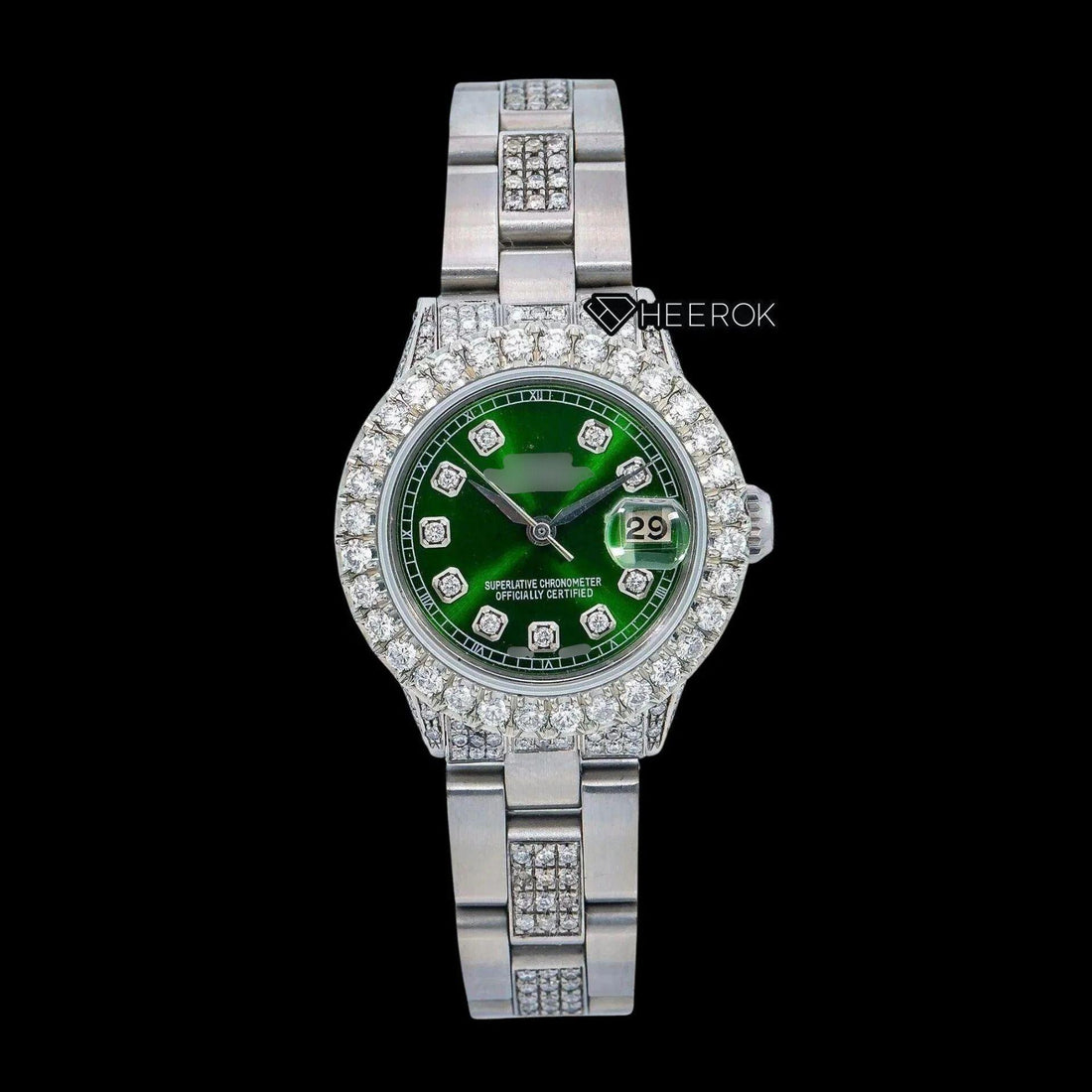 Rolex Datejust Green Dial Diamond Markers Diamond Bezel Semi Iced Moissanite Diamond Oyster Bracelet For Women Front View