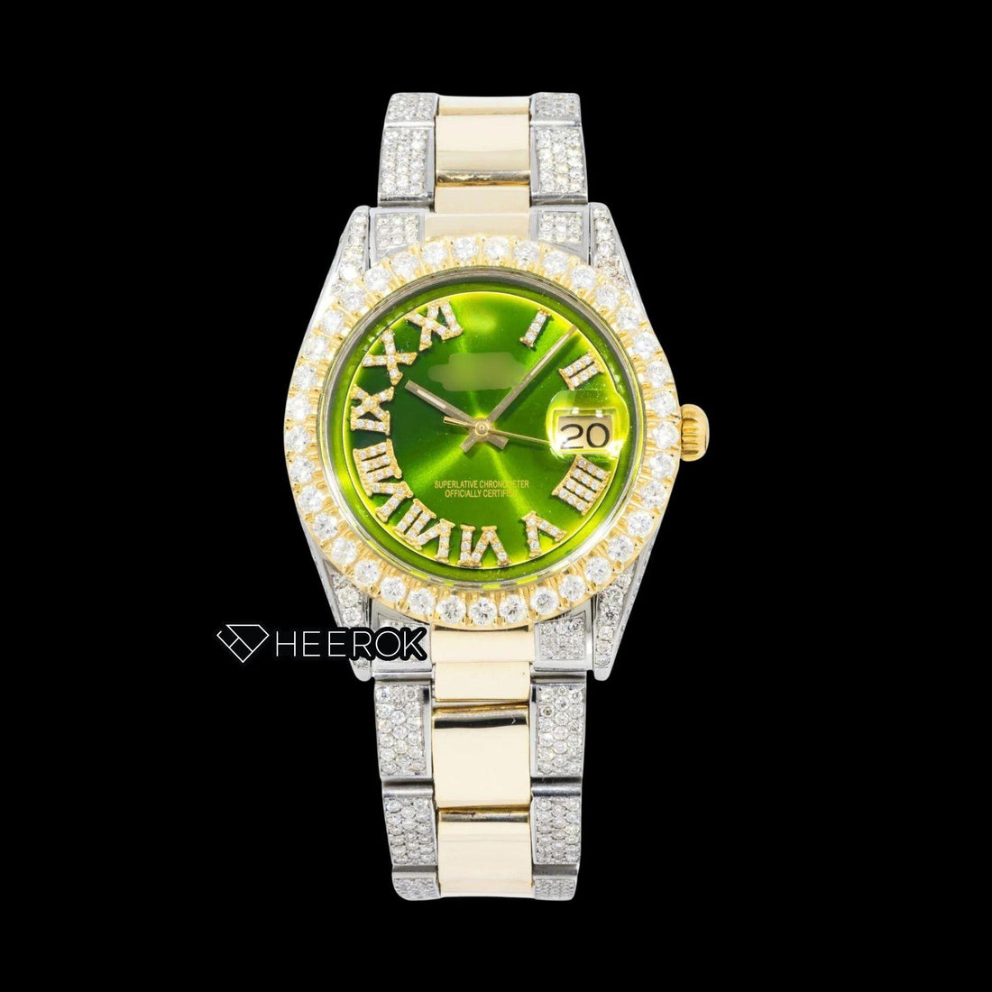Rolex Datejust Green Dial Roman Diamond Numerals Diamond Bezel Two Tone Yellow Gold Semi Iced Moissanite Diamond Oyster Bracelet For Women Front View