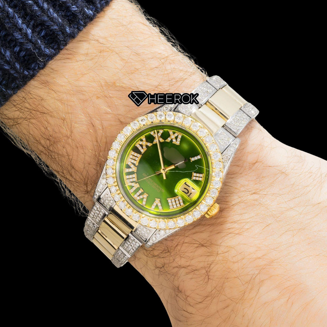 Rolex Datejust Green Dial Roman Diamond Numerals Diamond Bezel Two Tone Yellow Gold Semi Iced Moissanite Diamond Oyster Bracelet For Women Front View