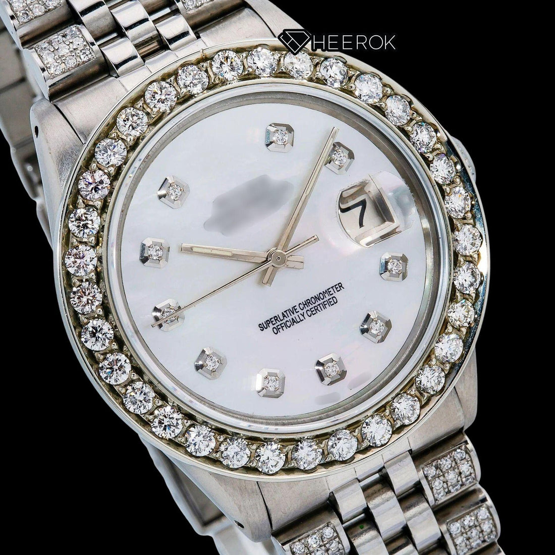 Rolex Datejust Mother of Pearl Dial Diamond Markers Diamond Bezel Semi Iced Moissanite Diamond Jubilee Bracelet For Women Front View