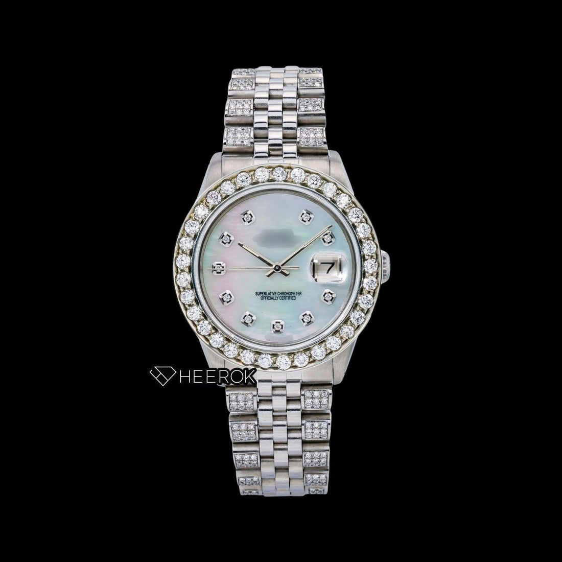 Rolex Datejust Mother of Pearl Dial Diamond Markers Diamond Bezel Semi Iced Moissanite Diamond Jubilee Bracelet For Women Front View
