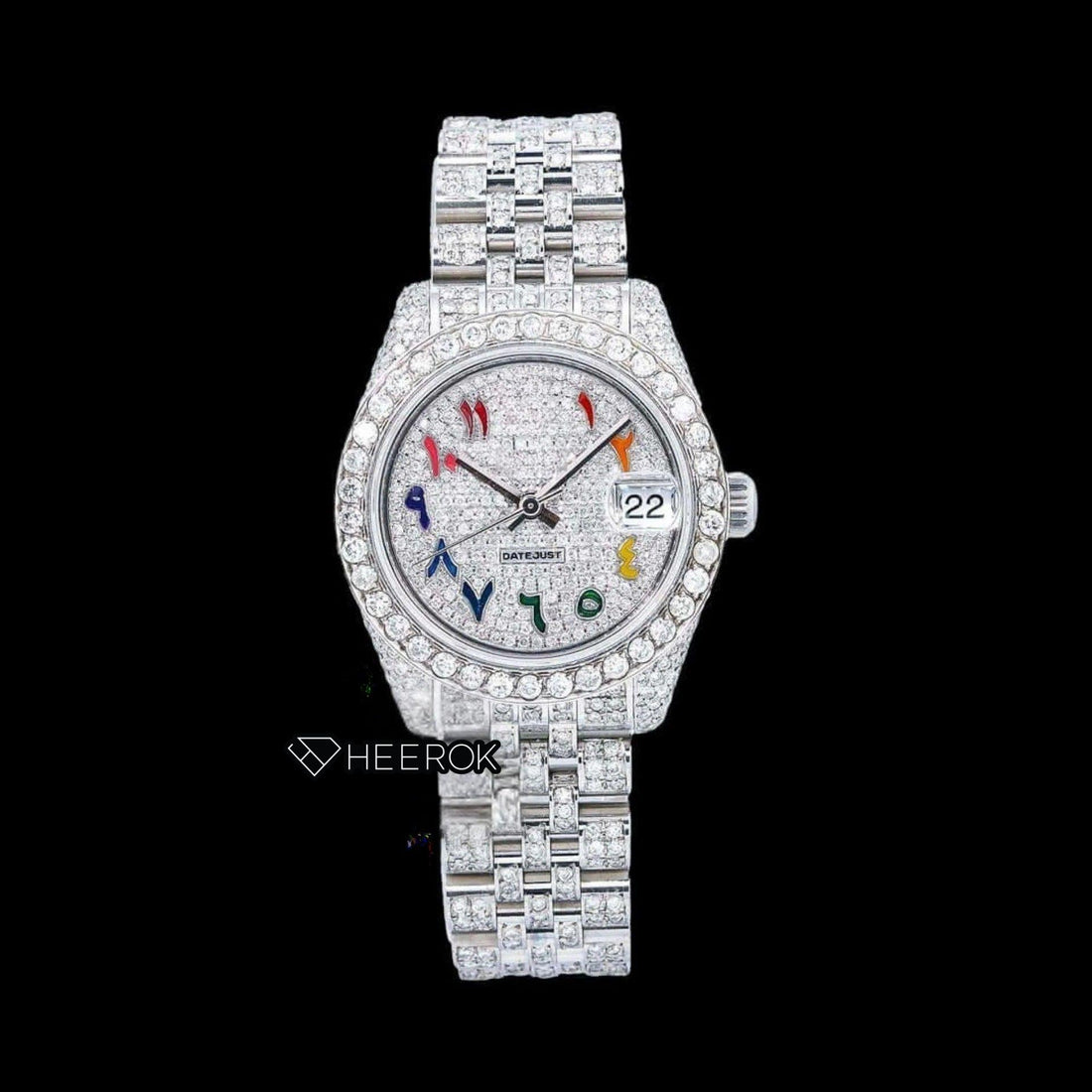 Rolex Datejust Multicolor Arabic Dial Diamond Bezel Fully Iced Moissanite Diamond Jubilee Bracelet Front View