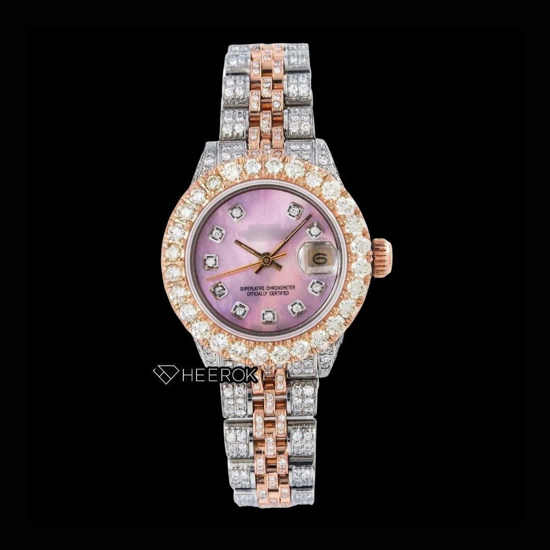 Rolex Datejust Pink Dial Diamond Markers Diamond Bezel Two Tone Rose Gold Fully Iced Moissanite Diamond Jubilee Bracelet For Women Front View.