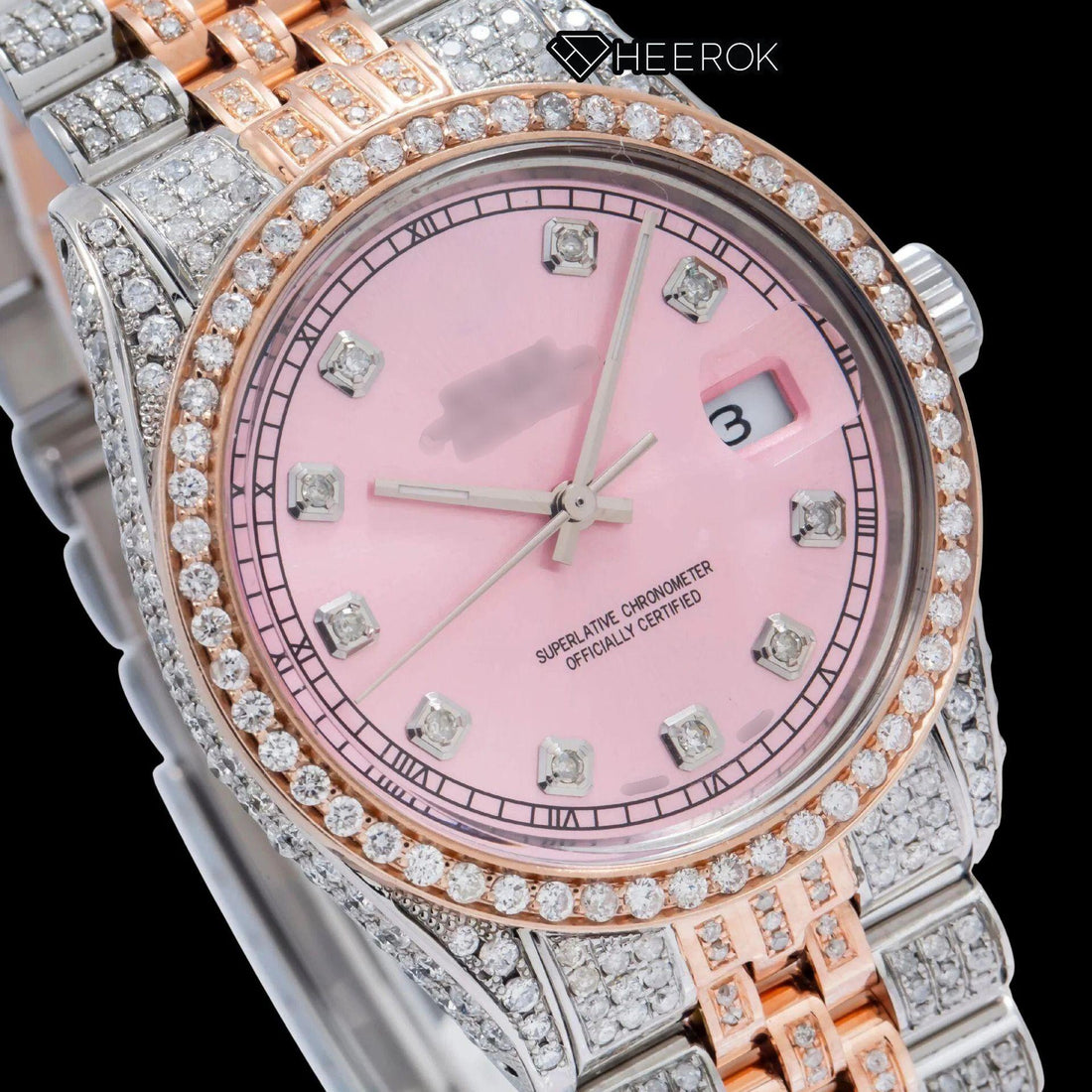 Rolex Datejust Pink Dial Diamond Markers Diamond Bezel Two Tone Rose Gold Moissanite Diamond Jubilee Bracelet For Women Front View