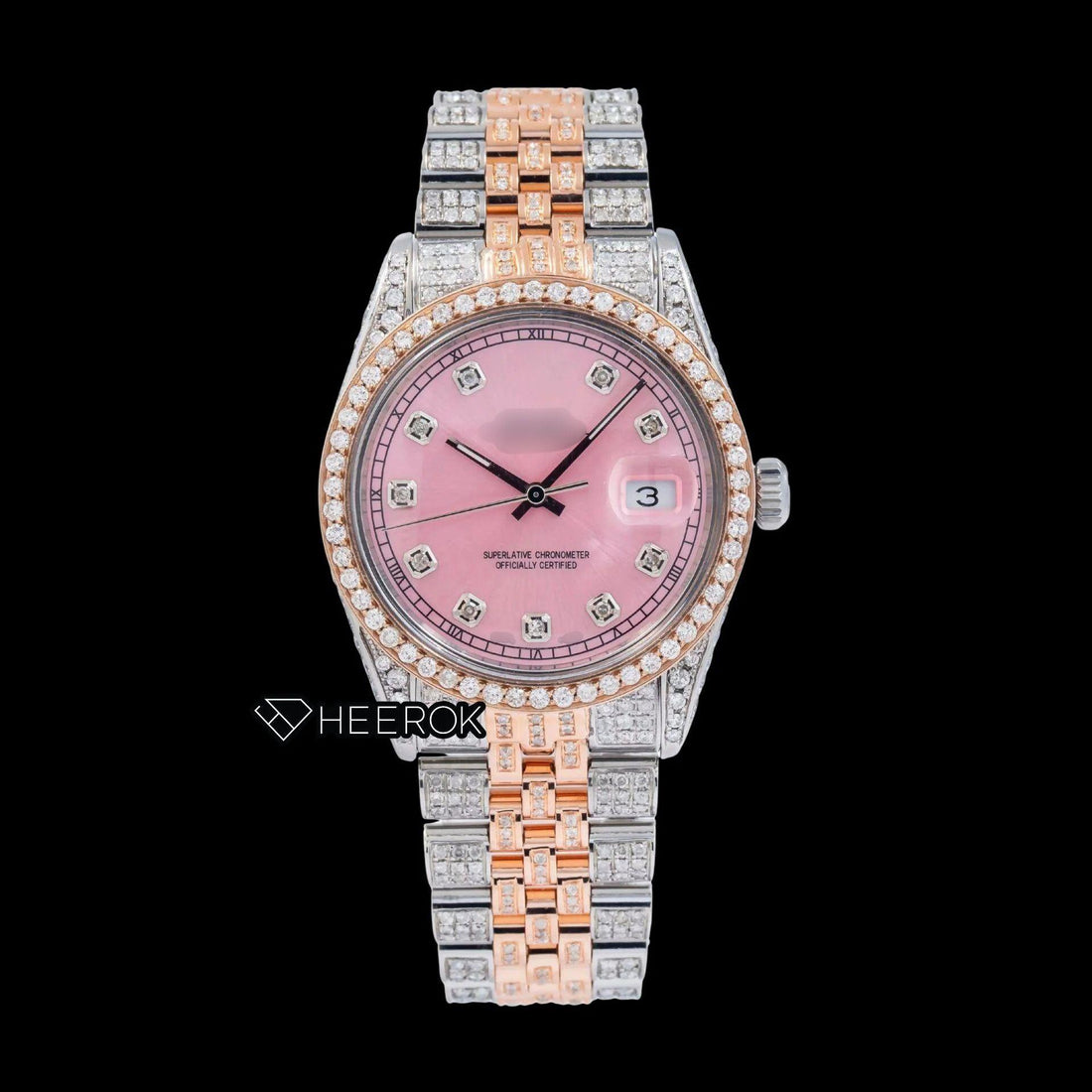 Rolex Datejust Pink Dial Diamond Markers Diamond Bezel Two Tone Rose Gold Moissanite Diamond Jubilee Bracelet For Women Front View