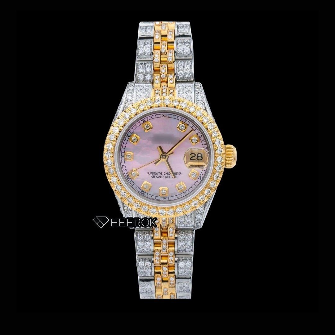 Rolex Datejust Pink Dial Diamond Markers Diamond Bezel Two Tone Yellow Gold Fully Iced Moissanite Diamond Jubilee Bracelet For Women Front View.