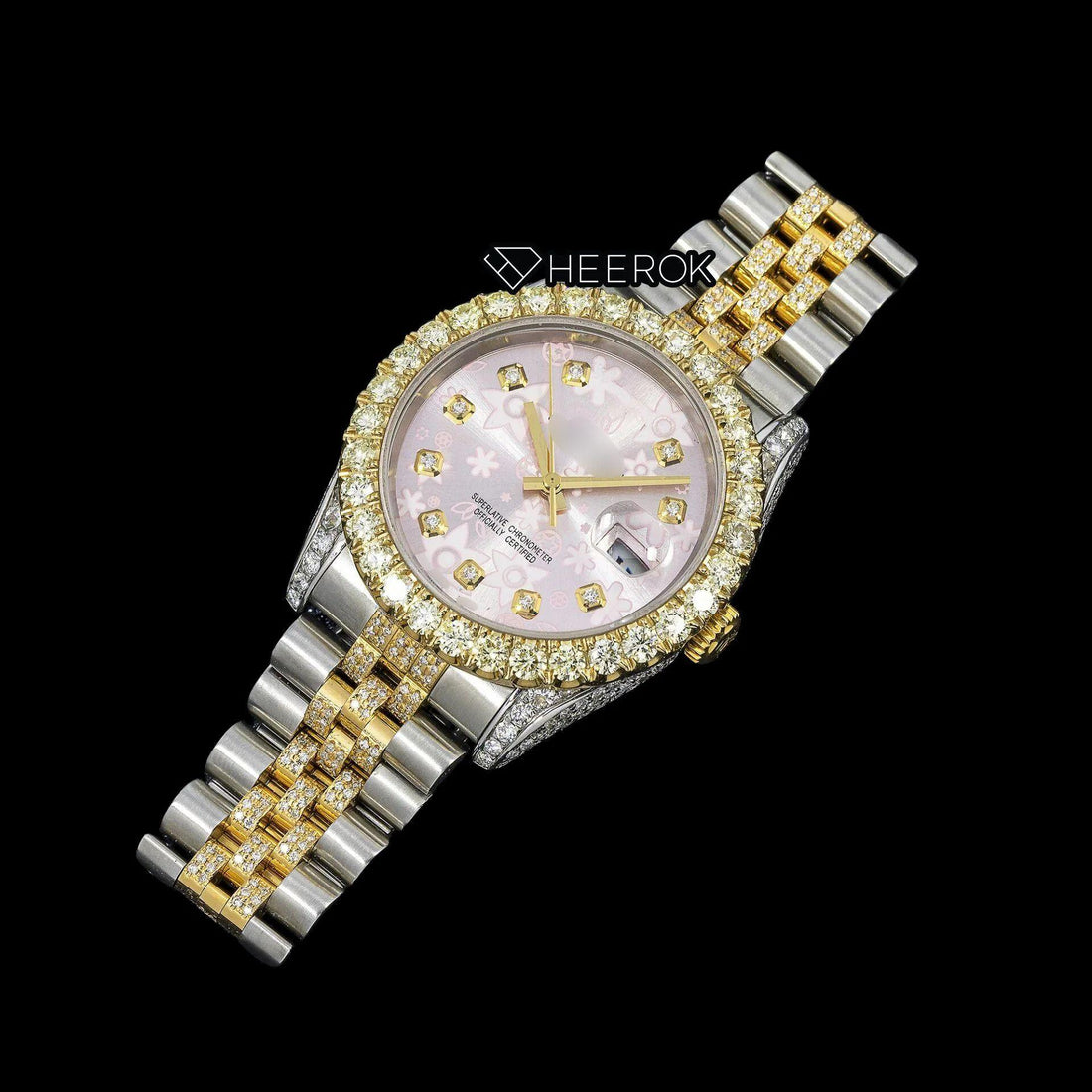 Rolex Datejust Pink Floral Dial Diamond Markers Large Round Diamond Bezel Two Tone Yellow Gold Semi Iced Moissanite Diamond Jubilee Bracelet For Women Front View