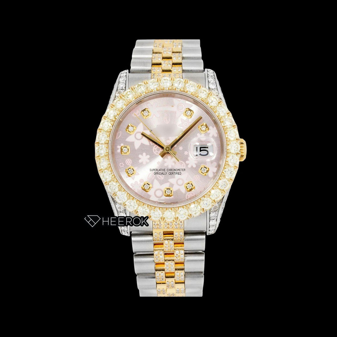 Rolex Datejust Pink Floral Dial Diamond Markers Large Round Diamond Bezel Two Tone Yellow Gold Semi Iced Moissanite Diamond Jubilee Bracelet For Women Front View