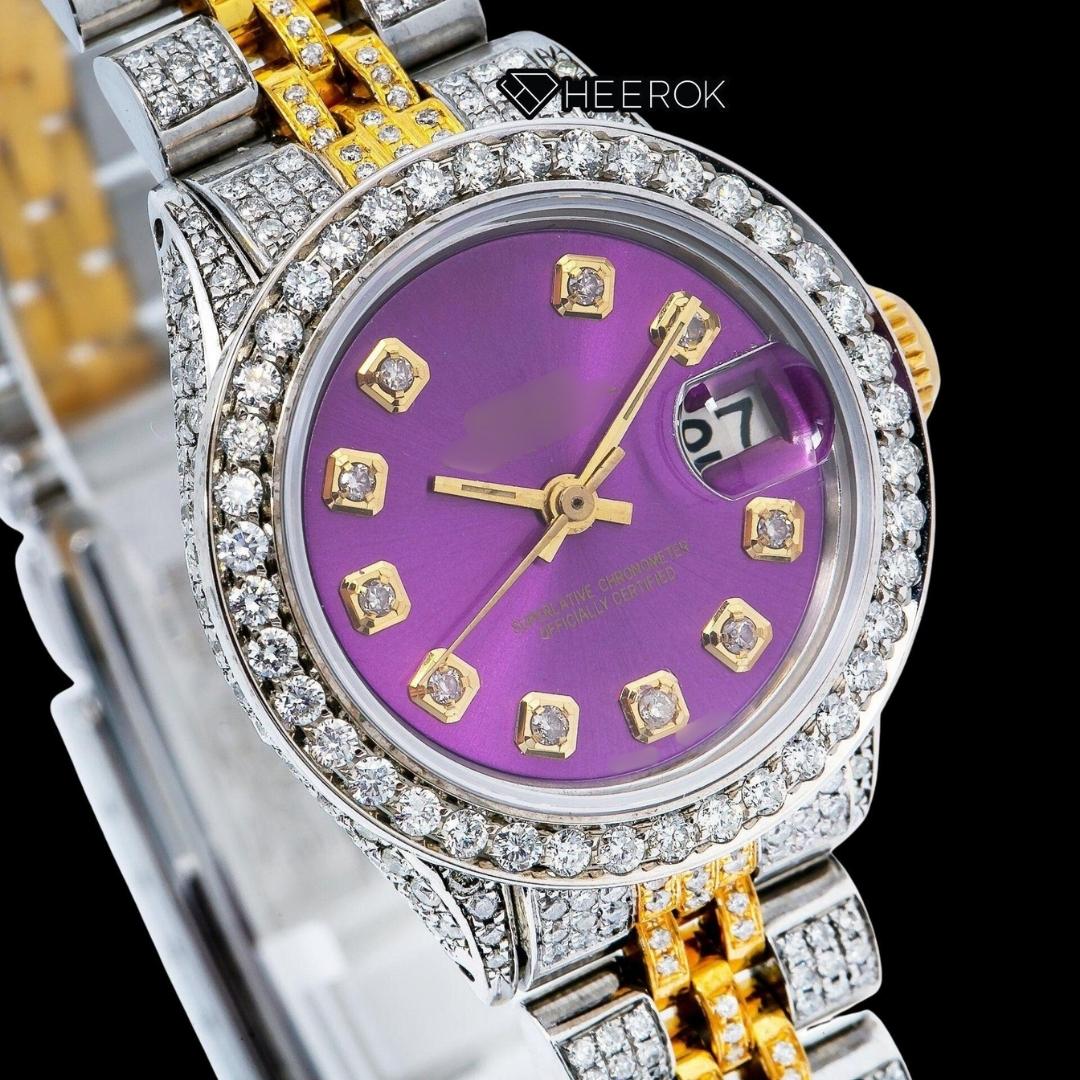 Rolex Datejust Purple Dial Diamond Markers Diamond Bezel Two Tone Yellow Gold Moissanite Diamond Jubilee Bracelet For Women Front View.