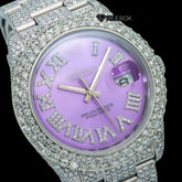Rolex Datejust Purple Dial Roman Diamond Markers Diamond Bezel Fully Iced Moissanite Diamond Oyster Bracelet Front View.