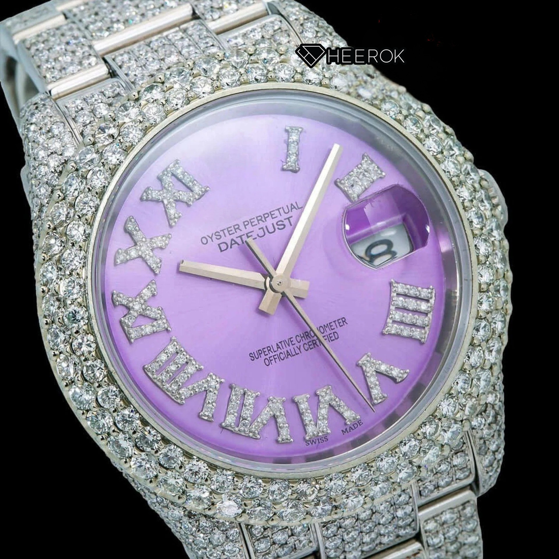 Rolex Datejust Purple Dial Roman Diamond Markers Diamond Bezel Fully Iced Moissanite Diamond Oyster Bracelet Front View