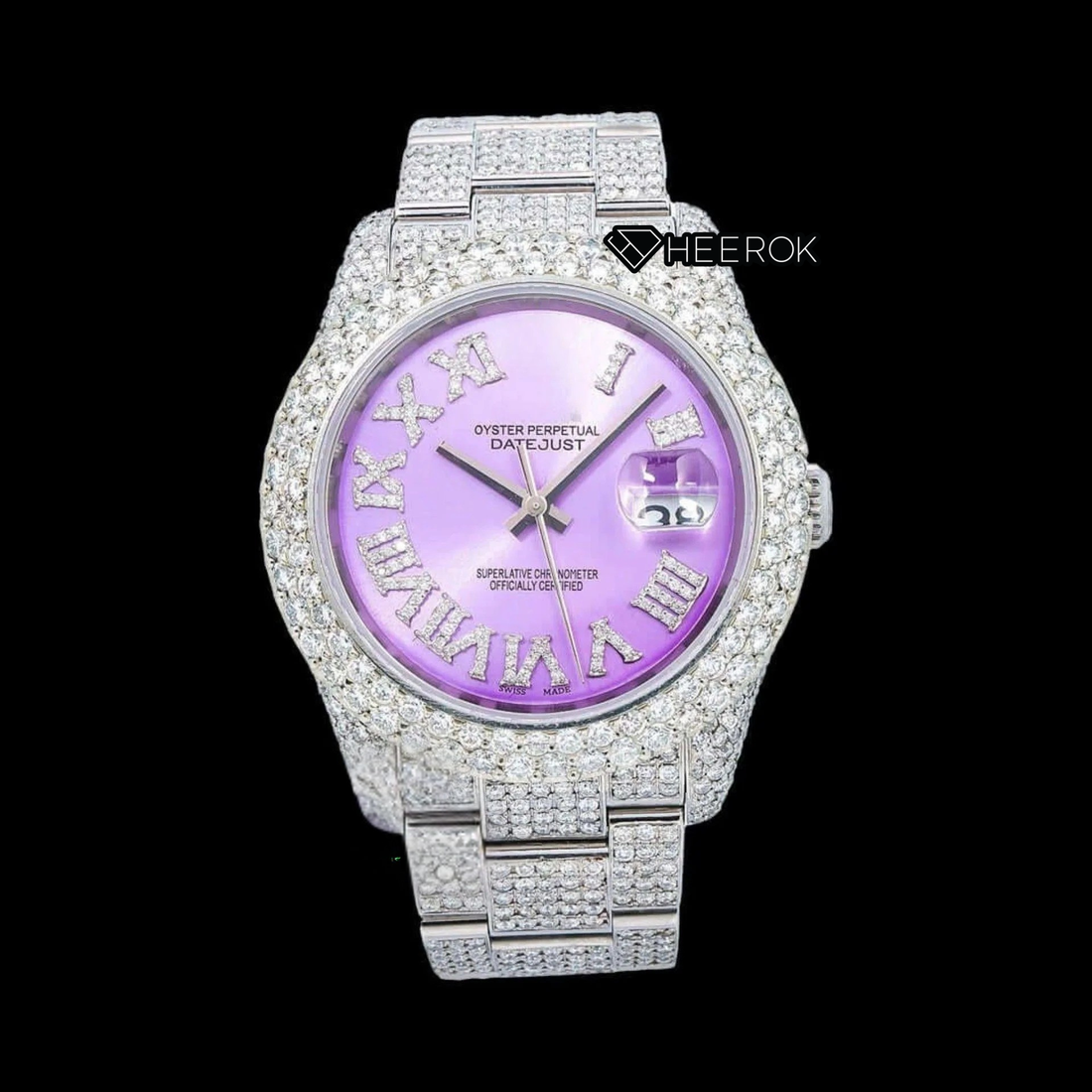 Rolex Datejust Purple Dial Roman Diamond Markers Diamond Bezel Fully Iced Moissanite Diamond Oyster Bracelet Front View