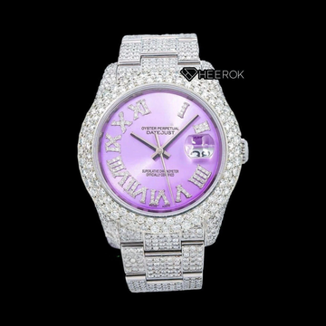 Rolex Datejust Purple Dial Roman Diamond Markers Diamond Bezel Fully Iced Moissanite Diamond Oyster Bracelet Front View