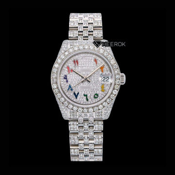 Rolex Datejust Rainbow Arabic Dial Diamond Bezel Fully Iced Moissanite Diamond Jubilee Bracelet For Women Front View.