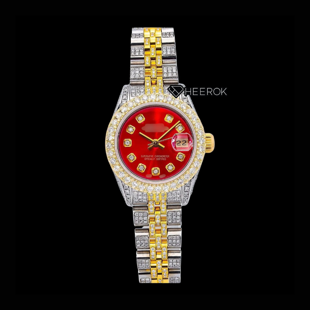 Rolex Datejust Red Dial Diamond Markers Diamond Bezel Two Tone Yellow Gold Moissanite Diamond Jubilee Bracelet For Women Front View.