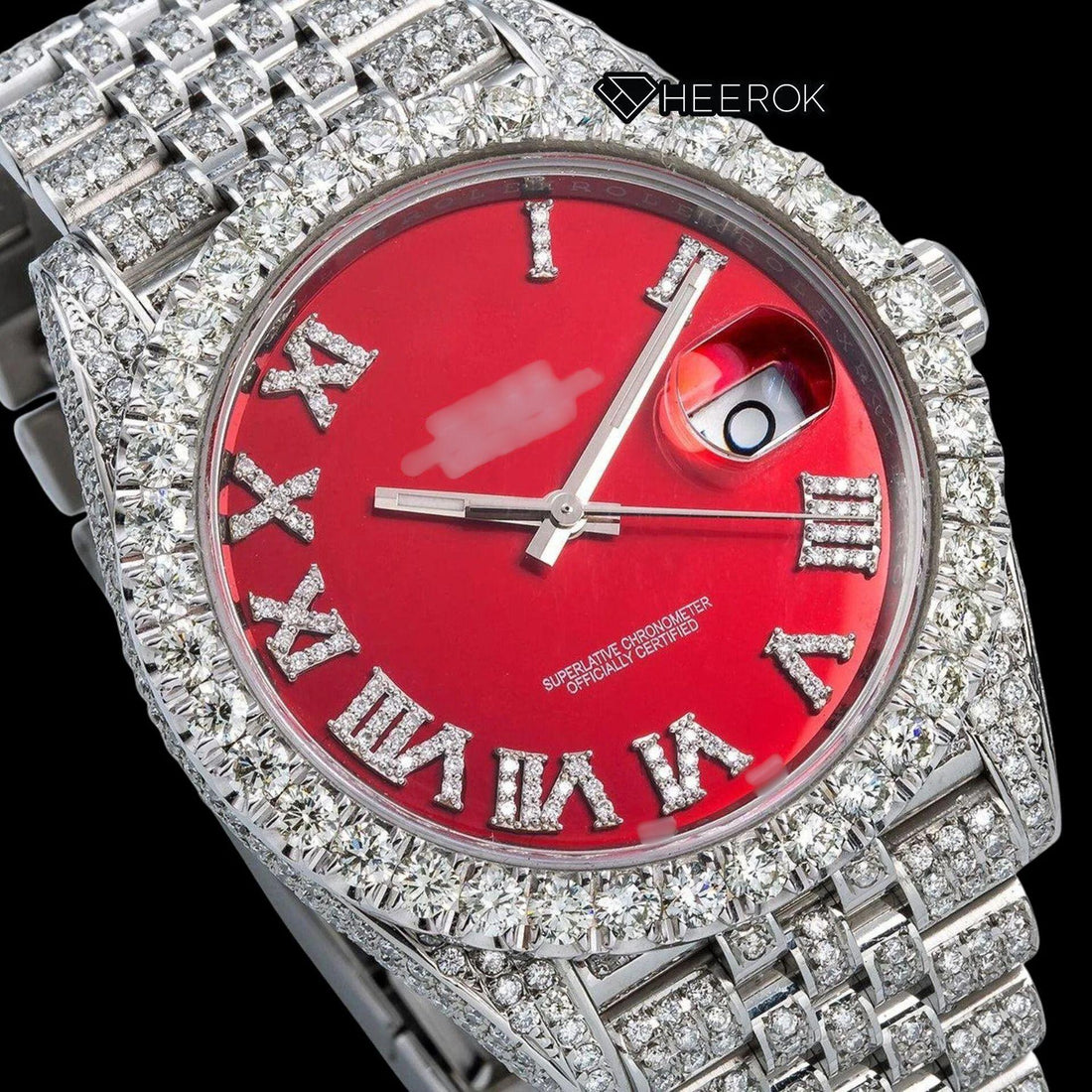 Rolex Datejust  Red Dial Roman Diamond Numerals Diamond Bezel Fully Iced Moissanite Diamond Jubilee Bracelet Watch Front View