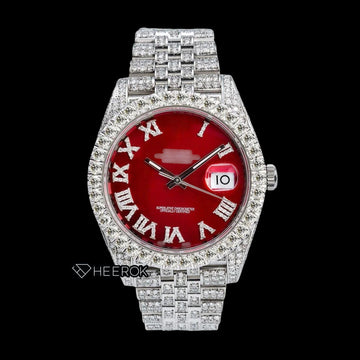 Rolex Datejust  Red Dial Roman Diamond Numerals Diamond Bezel Fully Iced Moissanite Diamond Jubilee Bracelet Watch Front View