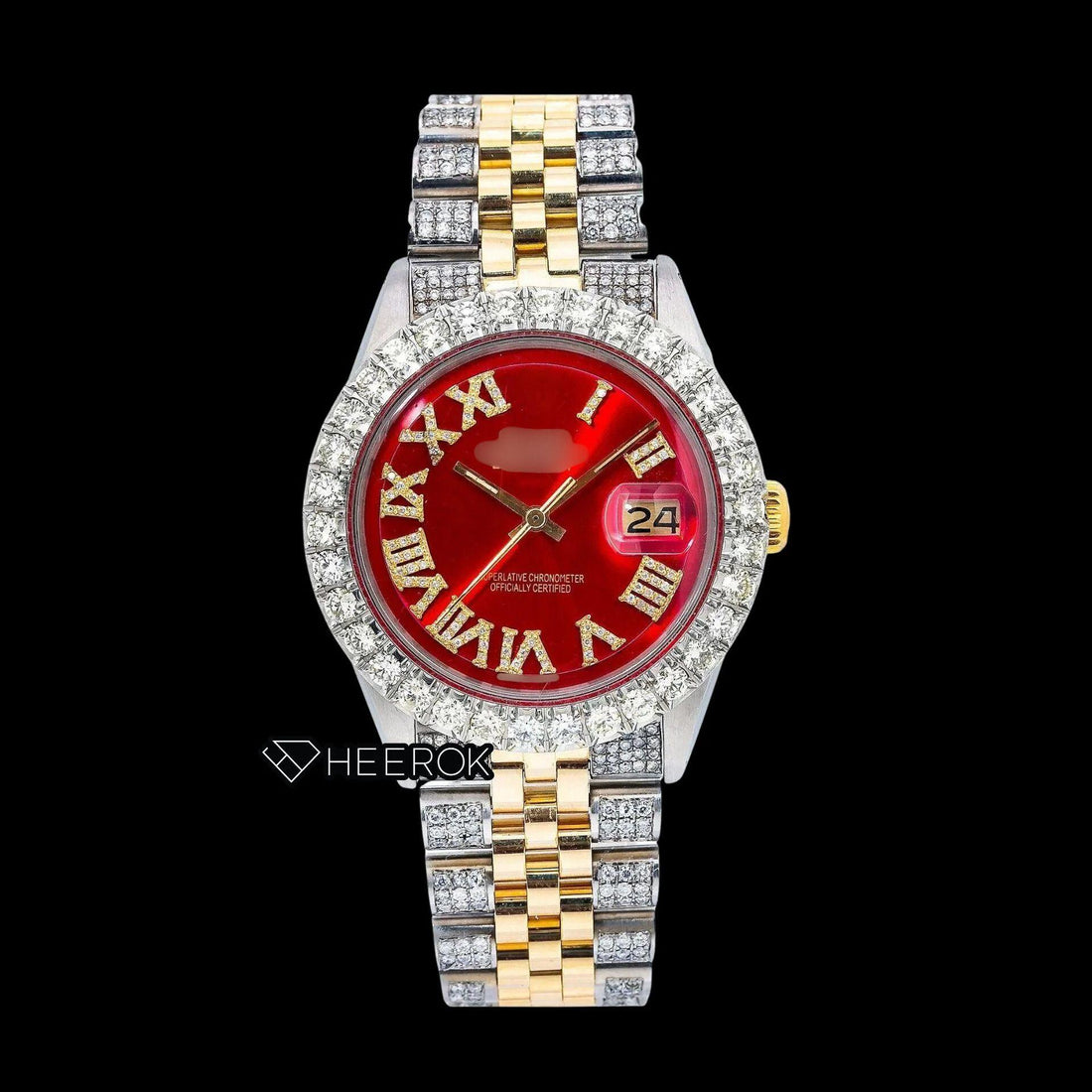 Rolex Datejust Red Dial Roman Diamond Numerals Diamond Bezel Two Tone Yellow Gold Semi Iced Moissanite Diamond Jubilee Bracelet For Women Front View