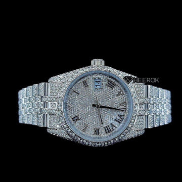 Rolex Datejust Roman Dial Diamond Bezel Fully Iced Moissanite Diamond Jubilee Bracelet Front View.