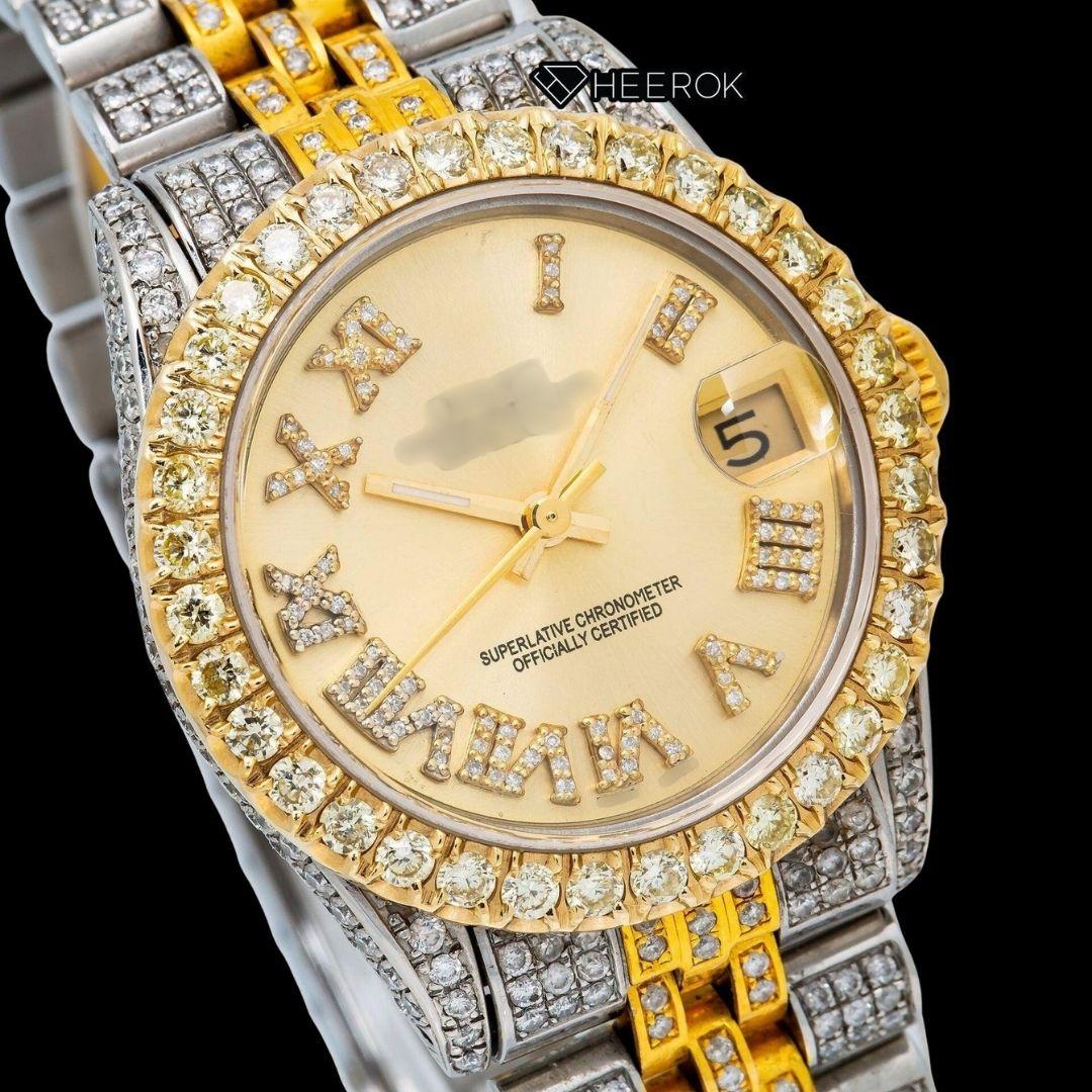 Rolex Datejust Roman Diamond Markers Yellow Dial Diamond Bezel Two Tone Yellow Gold Moissanite Diamond Jubilee Bracelet For Women Front View.