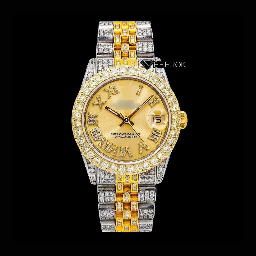 Rolex Datejust Roman Diamond Markers Yellow Dial Diamond Bezel Two Tone Yellow Gold Moissanite Diamond Jubilee Bracelet For Women Front View.