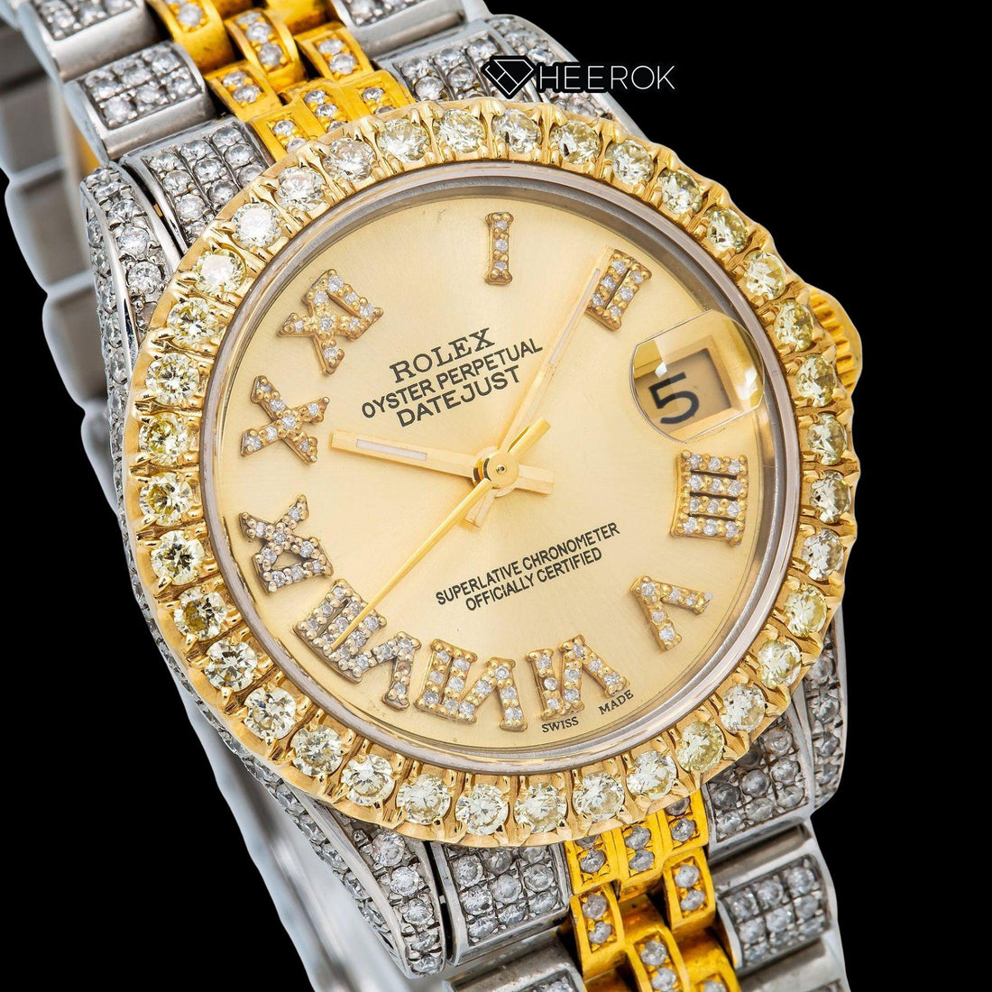 Rolex Datejust Roman Diamond Markers Yellow Dial Diamond Bezel Two Tone Yellow Gold Moissanite Diamond Jubilee Bracelet Front View